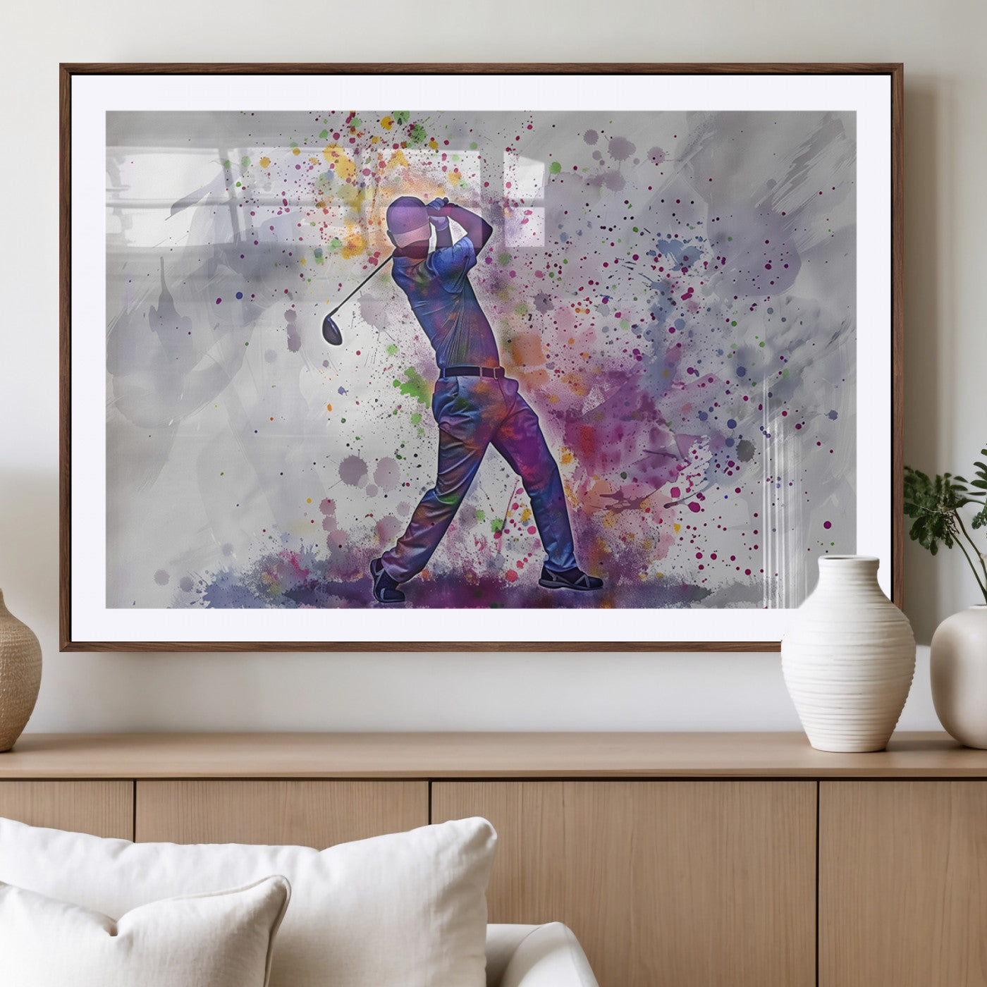 MGC-FP-36x24 - Watercolor Golf Swing Wall Art Canvas Print | Vibrant Abstract Golf Player Silhouette |