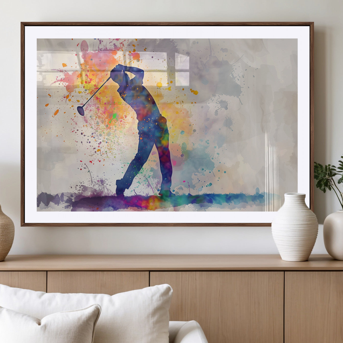 MGC-FP-36x24 - Watercolor Golf Swing Wall Art Canvas Print | Vibrant Abstract Golf Player Silhouette |