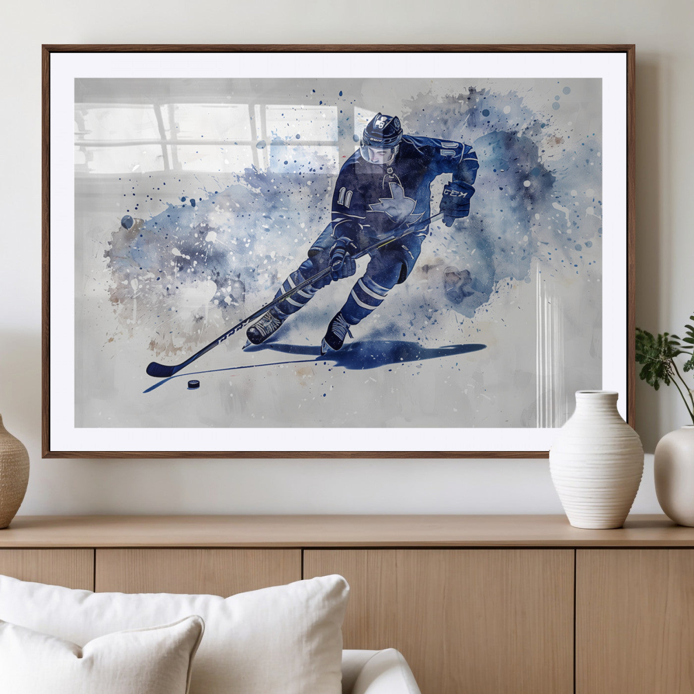 MGC-FP-36x24 - Hockey Player Wall Art Canvas Print - Sports-Inspired Watercolor Decor - Ready to Hang