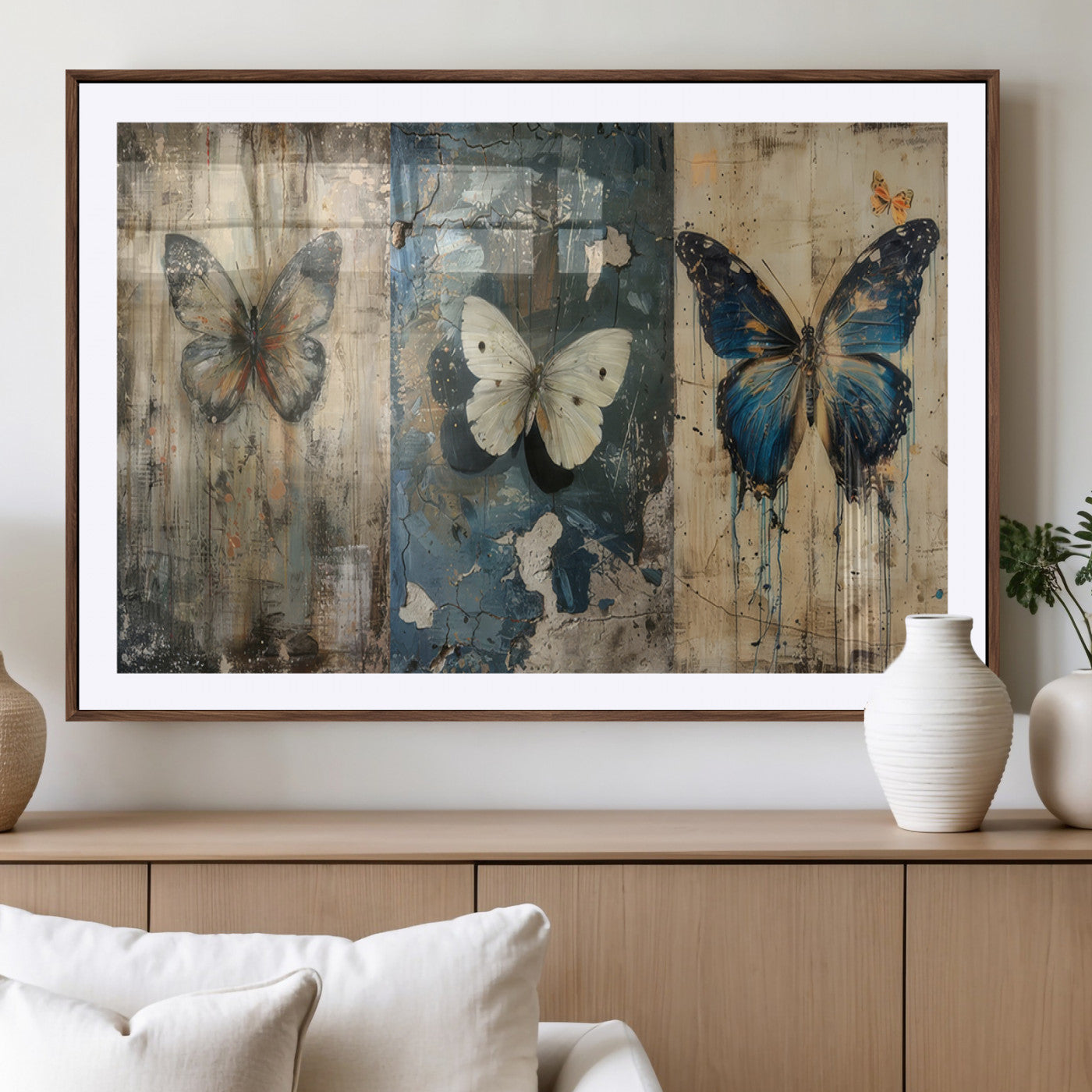 MGC-FP-36x24 - Butterfly Wall Art Trio | Vintage Butterfly Canvas Print | Ready to Hang Framed Artwork for