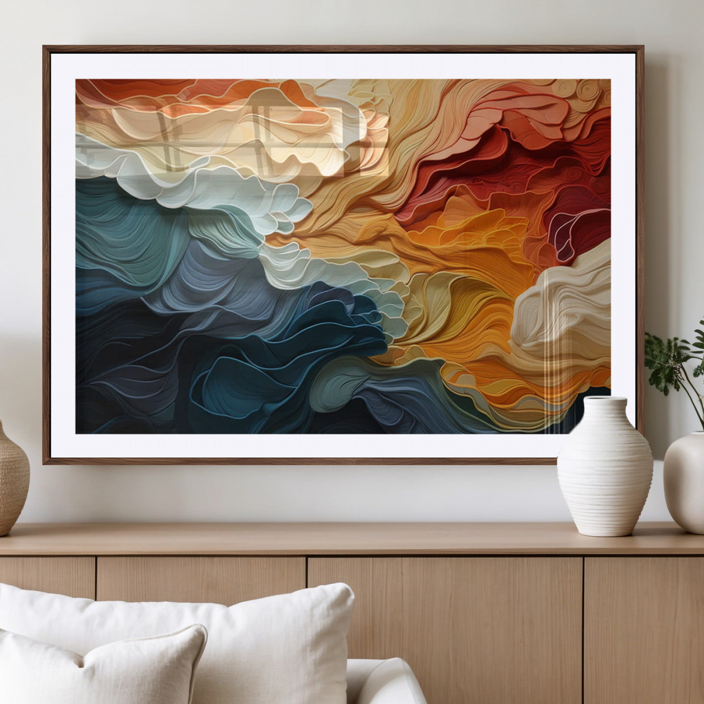MGC-FP-36x24 - Blue Orange Abstract Wave Wall Art Canvas Print, Framed Blue Orange Wave Wall Art