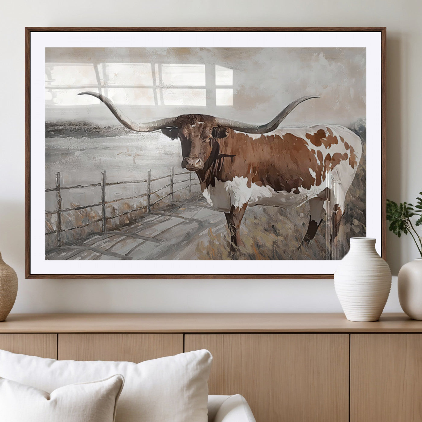 57340-MGC-FP-36x24_Walnut-Vintage Texas Cow Wall Art Canvas Print, Rustic Longhorn Wall Art | Canvas Print for Farmhouse Decor