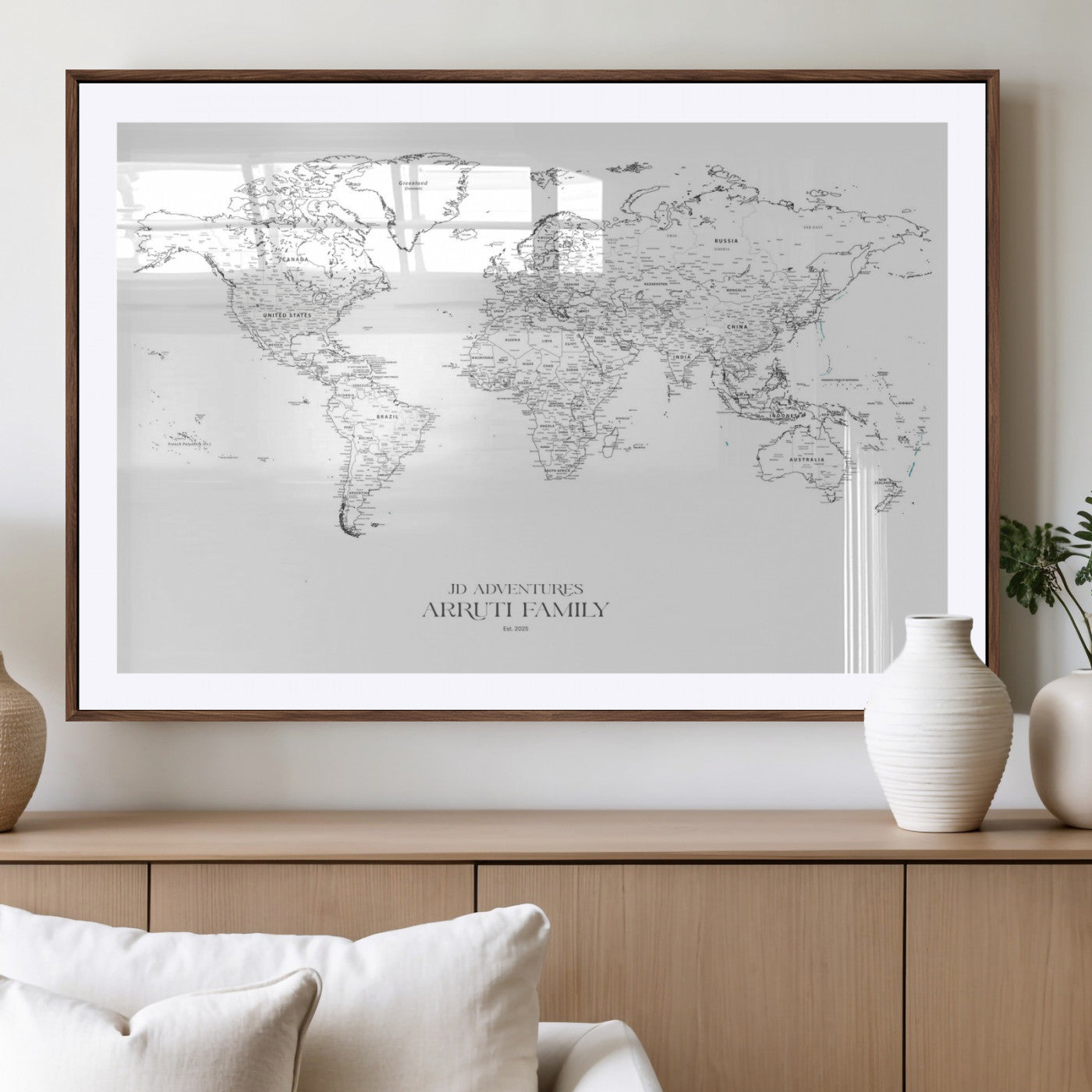 MGC-FP-36x24 - Custom World Map Wall Art – Personalized Framed Canvas Print with Push Pins for Travel Tracking,