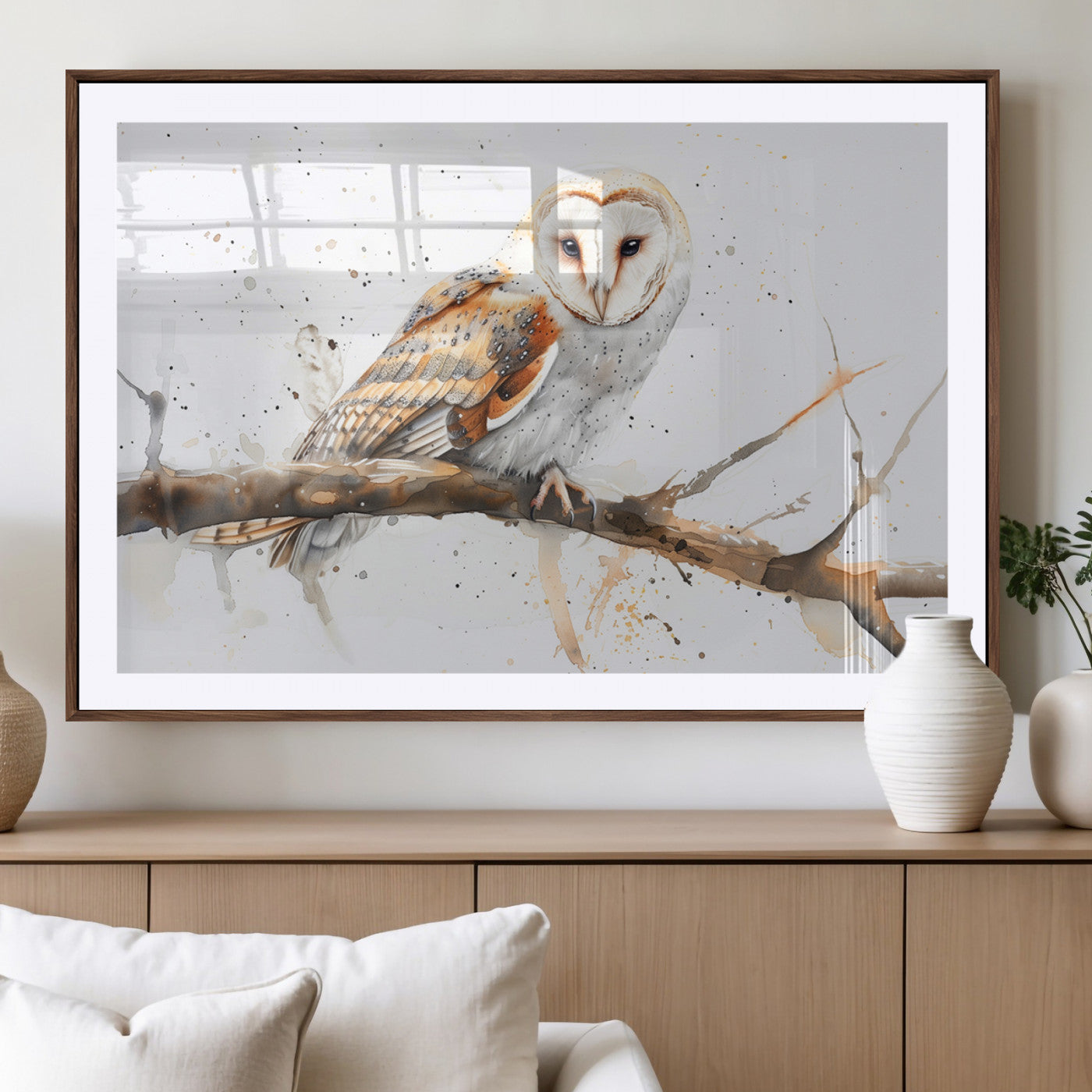 MGC-FP-36x24 - Barn Owl Wall Art on Branch | Stunning Canvas Print for Nature Lovers | Ready to Hang and Framed