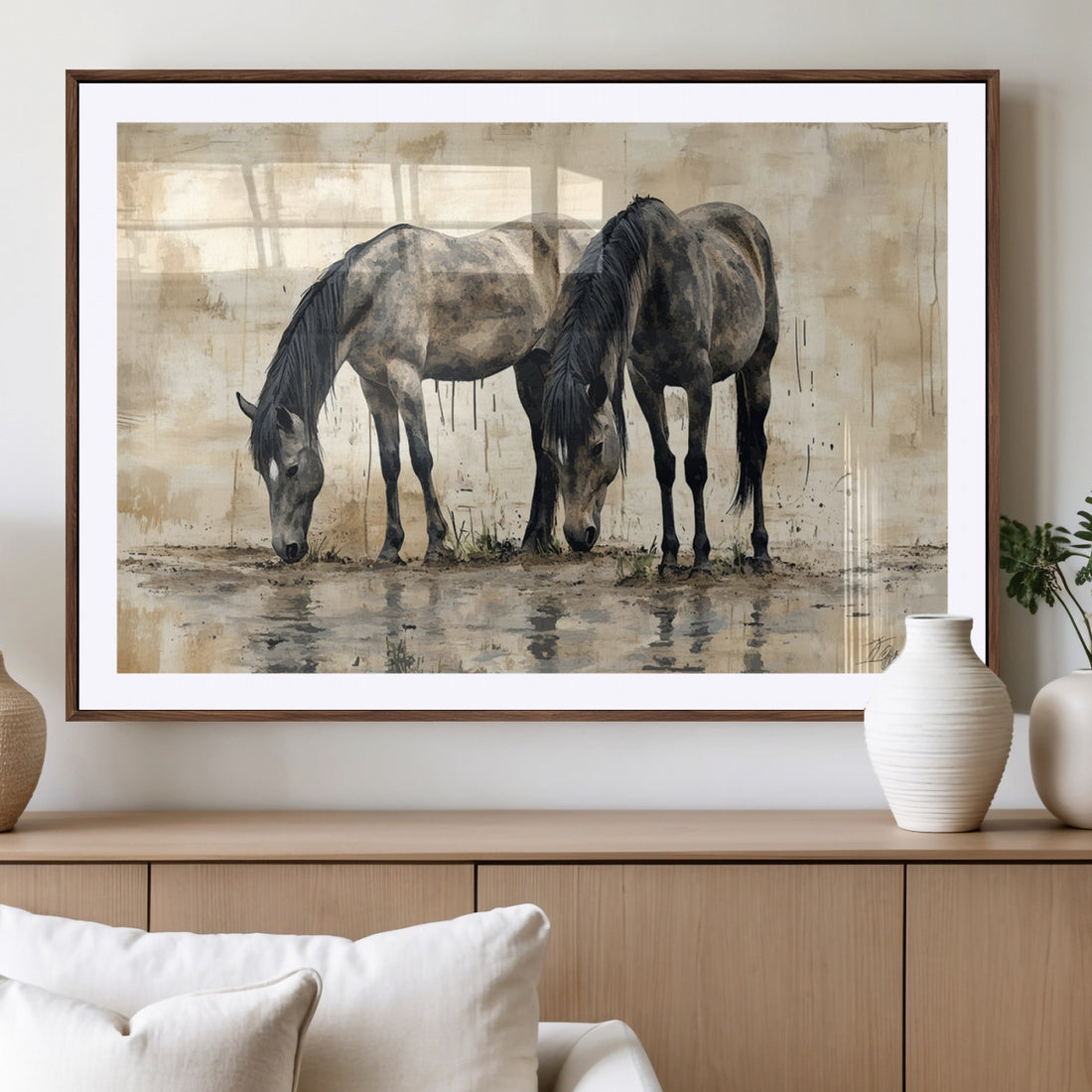Chinese Style Abstract Black Horses Wall Art Canvas Print