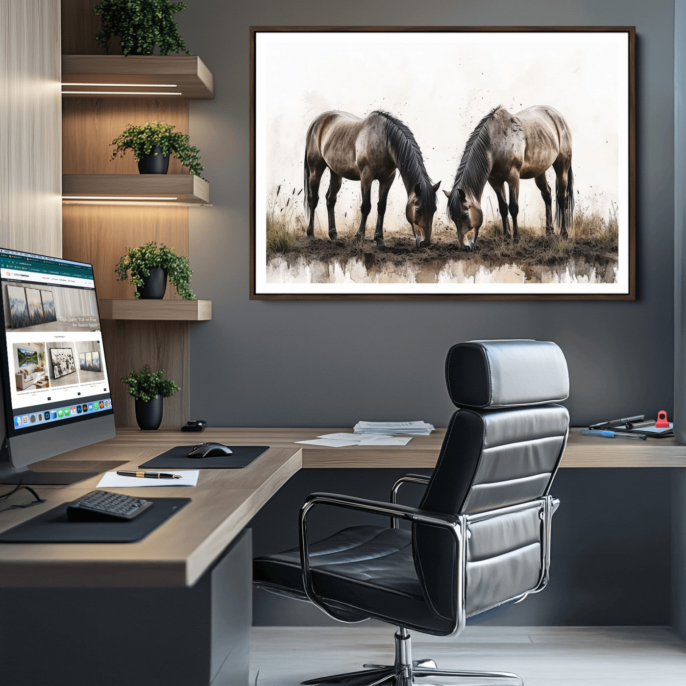 71729-MGV-CV-36X24-Chines Ink Style Horses Wall Art Canvas Print