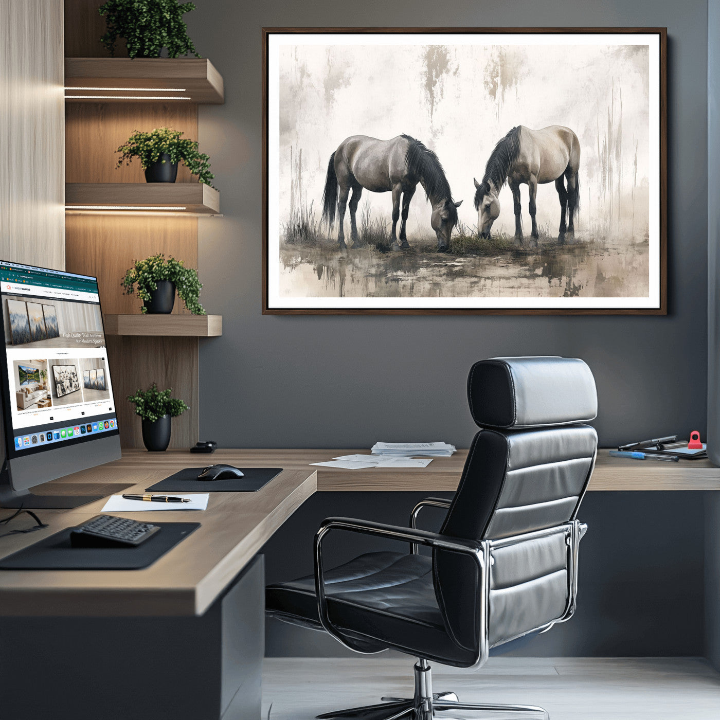 35494-MGV-CV-36X24-Chines Ink Style Vintage Horses Wall Art Canvas Print for Farmhouse Wall Decor