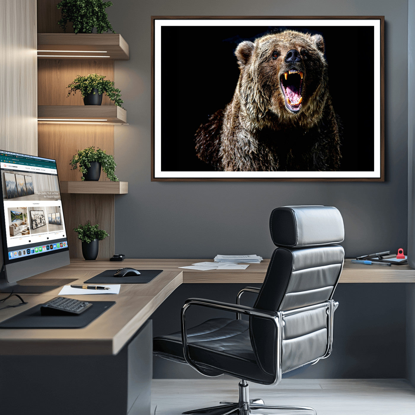 17625-MGV-CV-36X24-Grizzly Bear Canvas Print | Wildlife Wall Art for Cabin Decor | Ready to Hang Framed