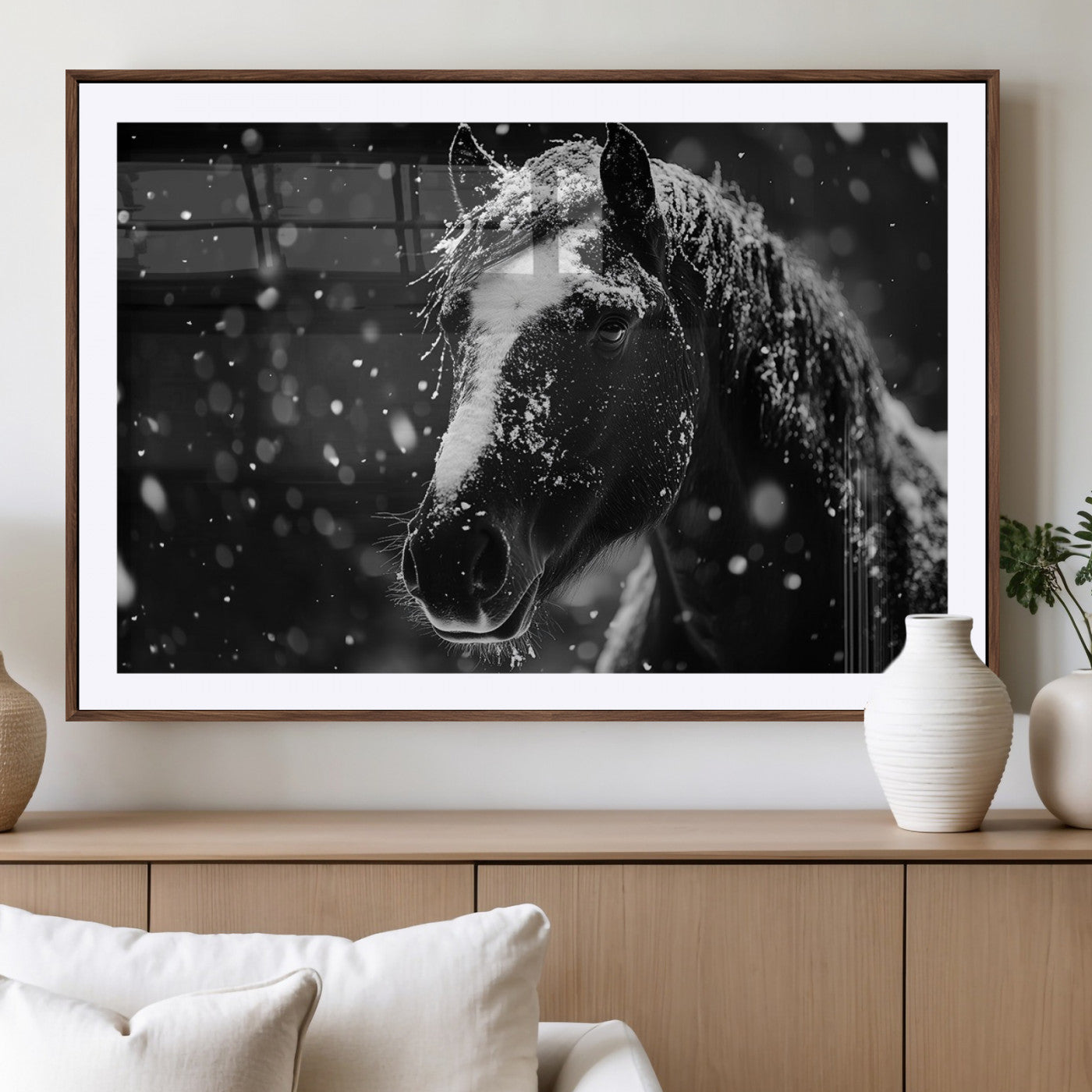 MGC-FP-36x24 - Winter Horse Wall Art | Black and White Horse Print | Ready to Hang and Framed | Farmhouse Wall Art