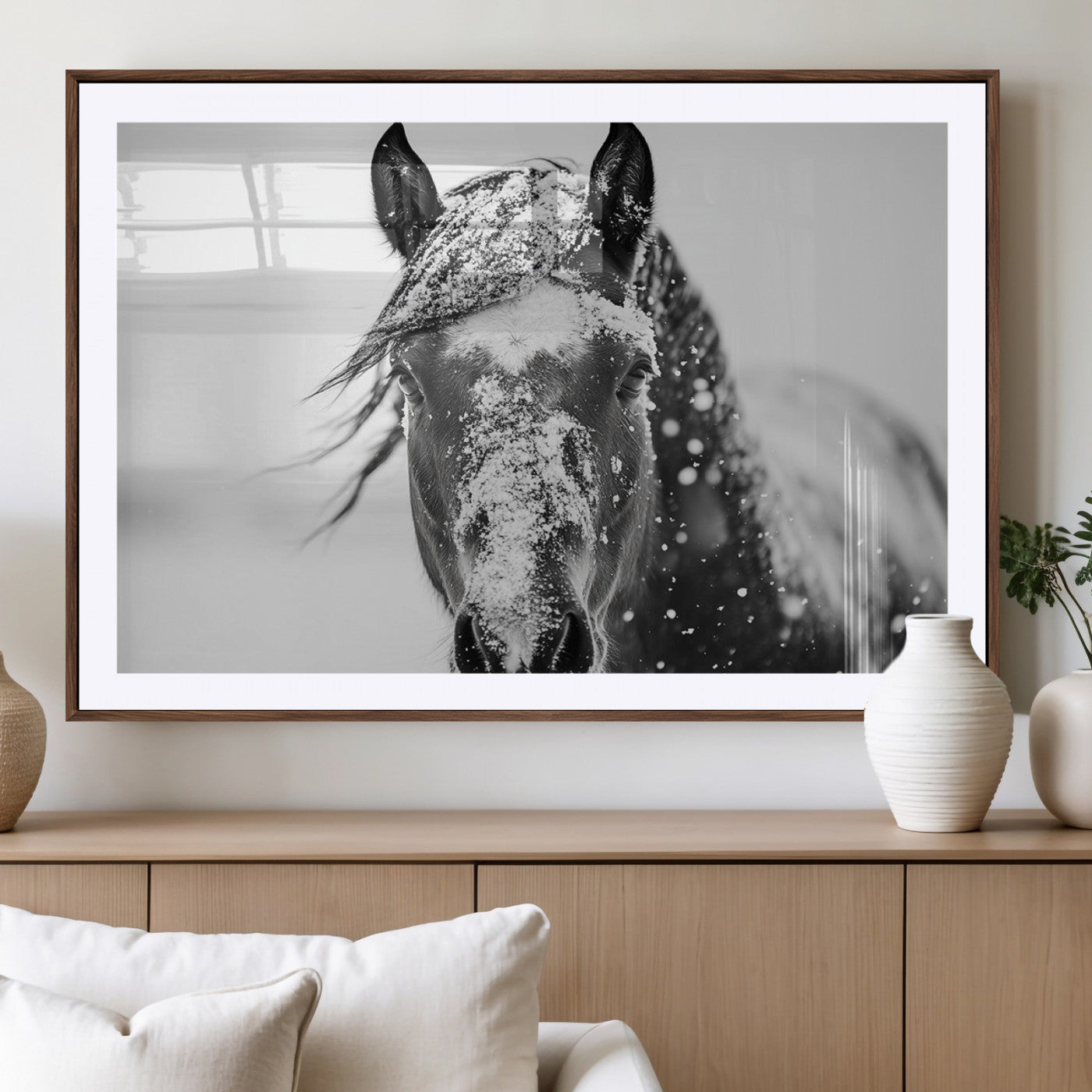 MGC-FP-36x24 - Western Wall Art | Black and White Winter Horse Wall Art | Ready to Hang and Framed | Farmhouse and