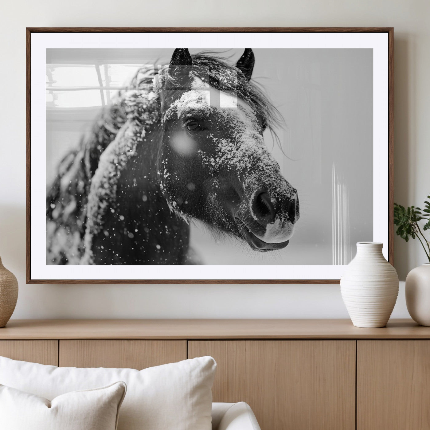 MGC-FP-36x24 - Winter Horse Canvas Print | Large 3-Panel Black White Equine Photography for Rustic Farmhouse Wall