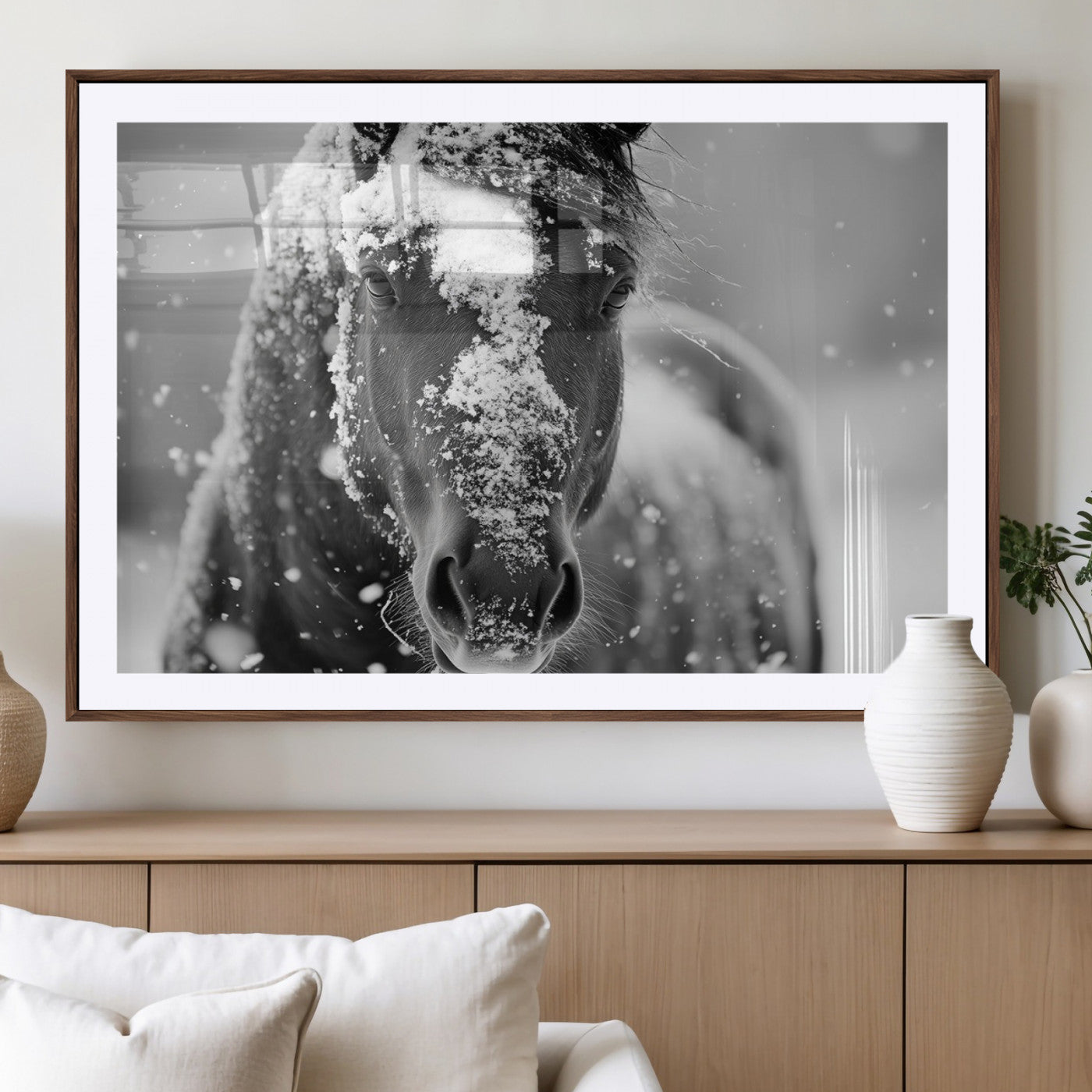 MGC-FP-36x24 - Black and White Horse Winter Wall Art | Ready to Hang and Framed | Farmhouse Wall Decor | Western