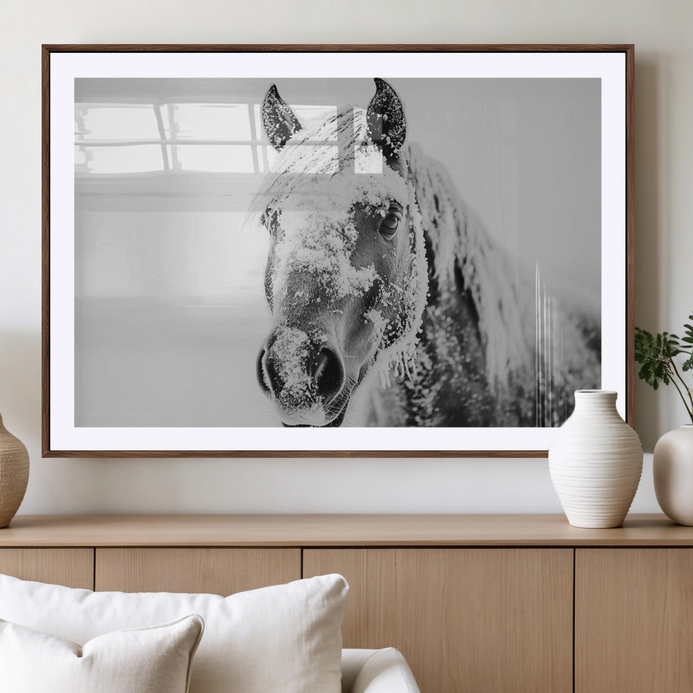 MGC-FP-36x24 - White Horse Wall Art | Ready to Hang and Framed | Winter Horse Wall Art Print for Farmhouse and
