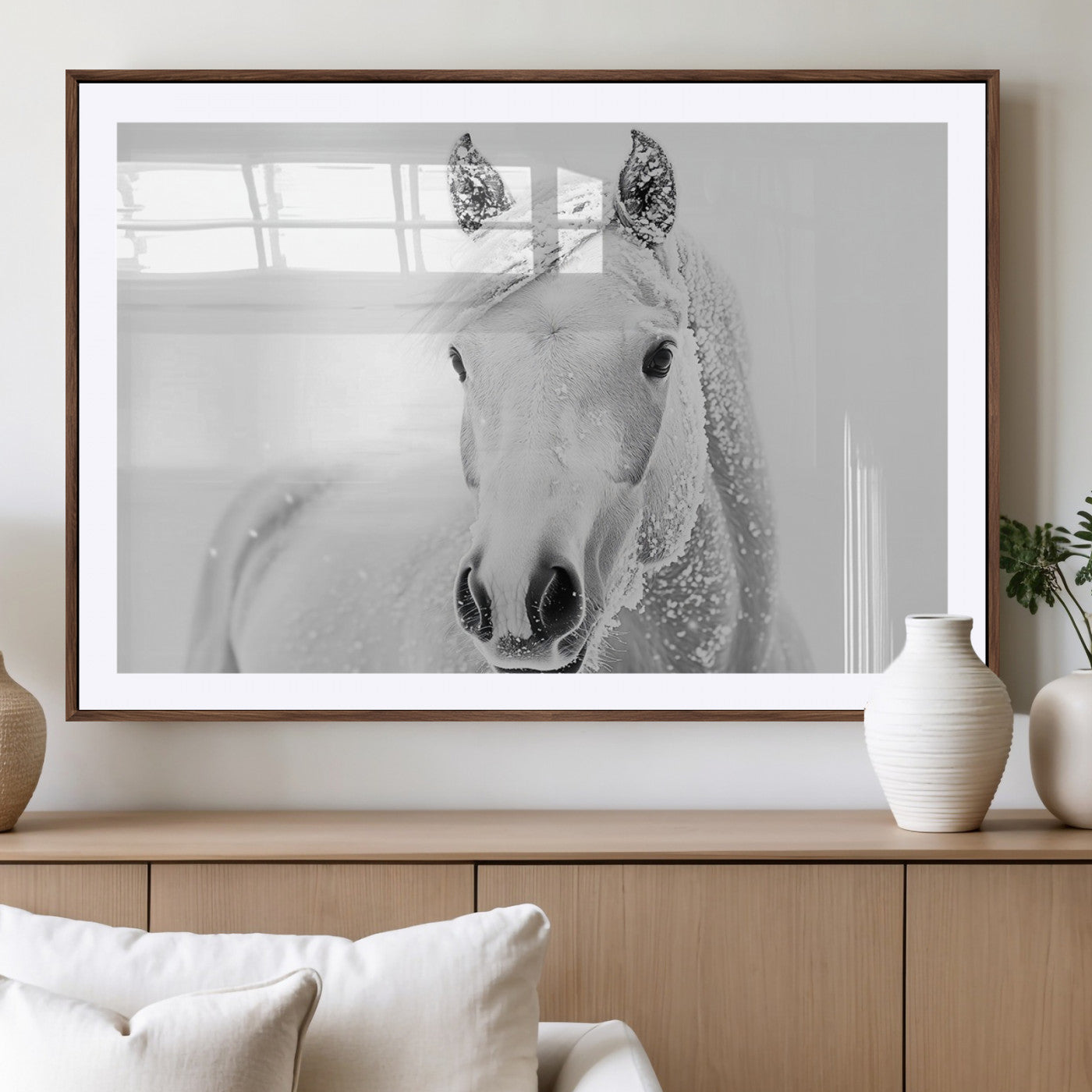 MGC-FP-36x24 - Majestic White Horse Wall Art | Ready to Hang and Framed | Farmhouse Wall Decor for Living Room
