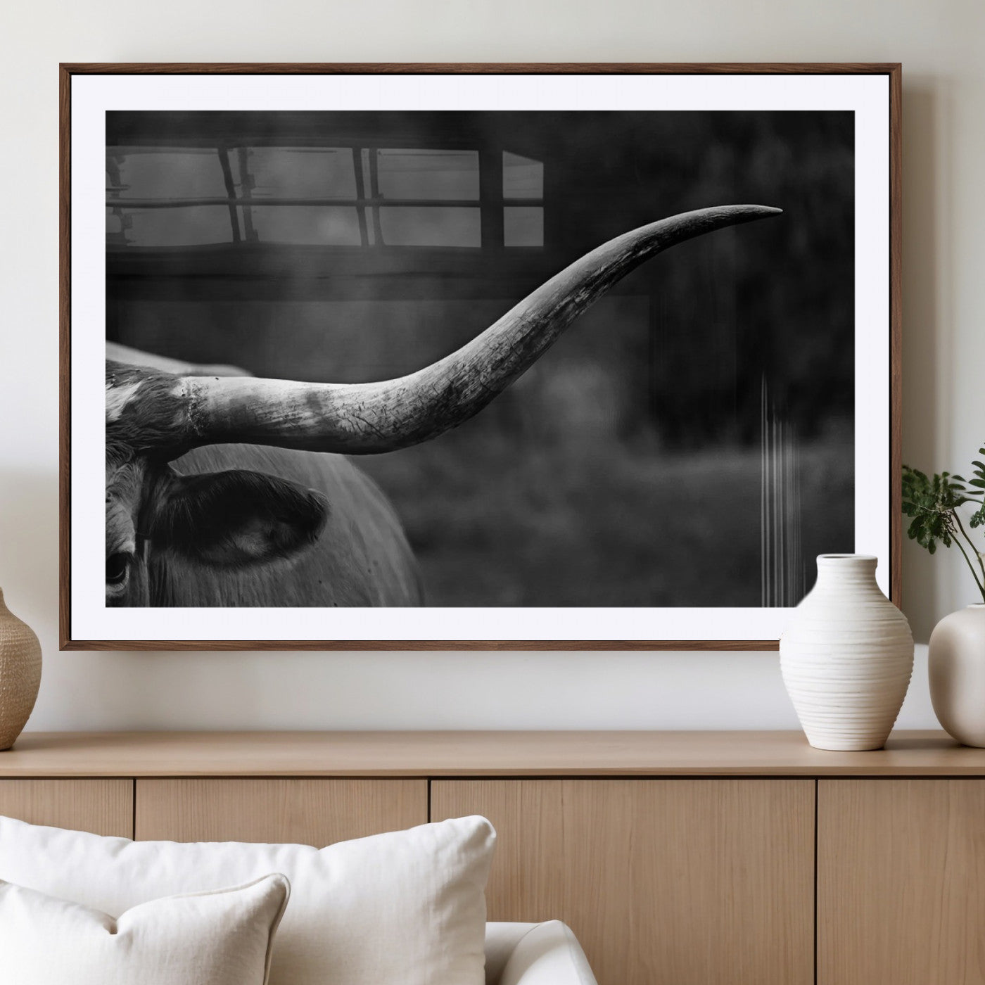 MGC-FP-36x24 - Cow Longhorn Wall Art | Black and White Print | Ready to Hang and Framed | Farmhouse Wall Decor |