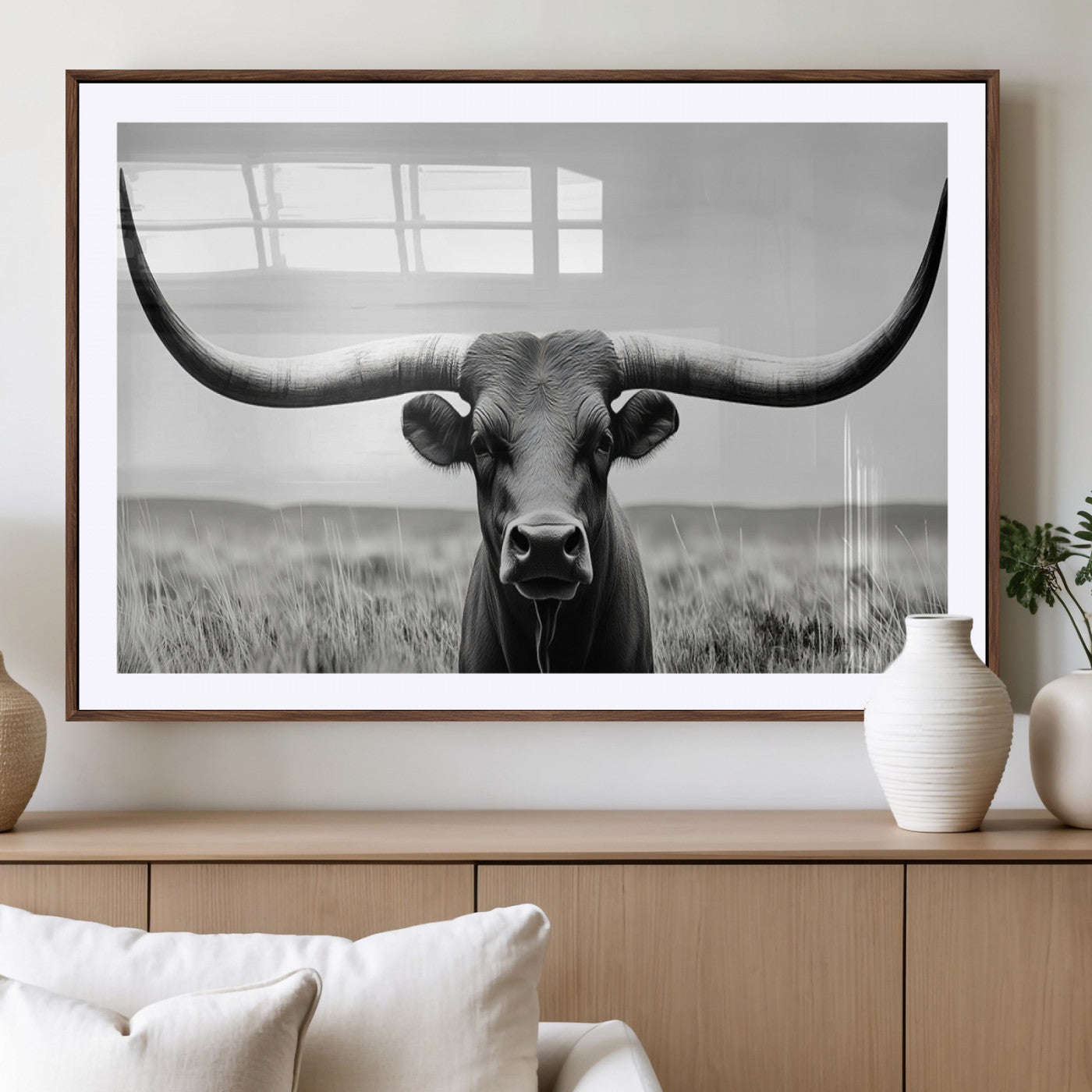 -Longhorn Bull Canvas Print | Rustic Farmhouse Wall Art | Western Decor | Ready to Hang and Framed