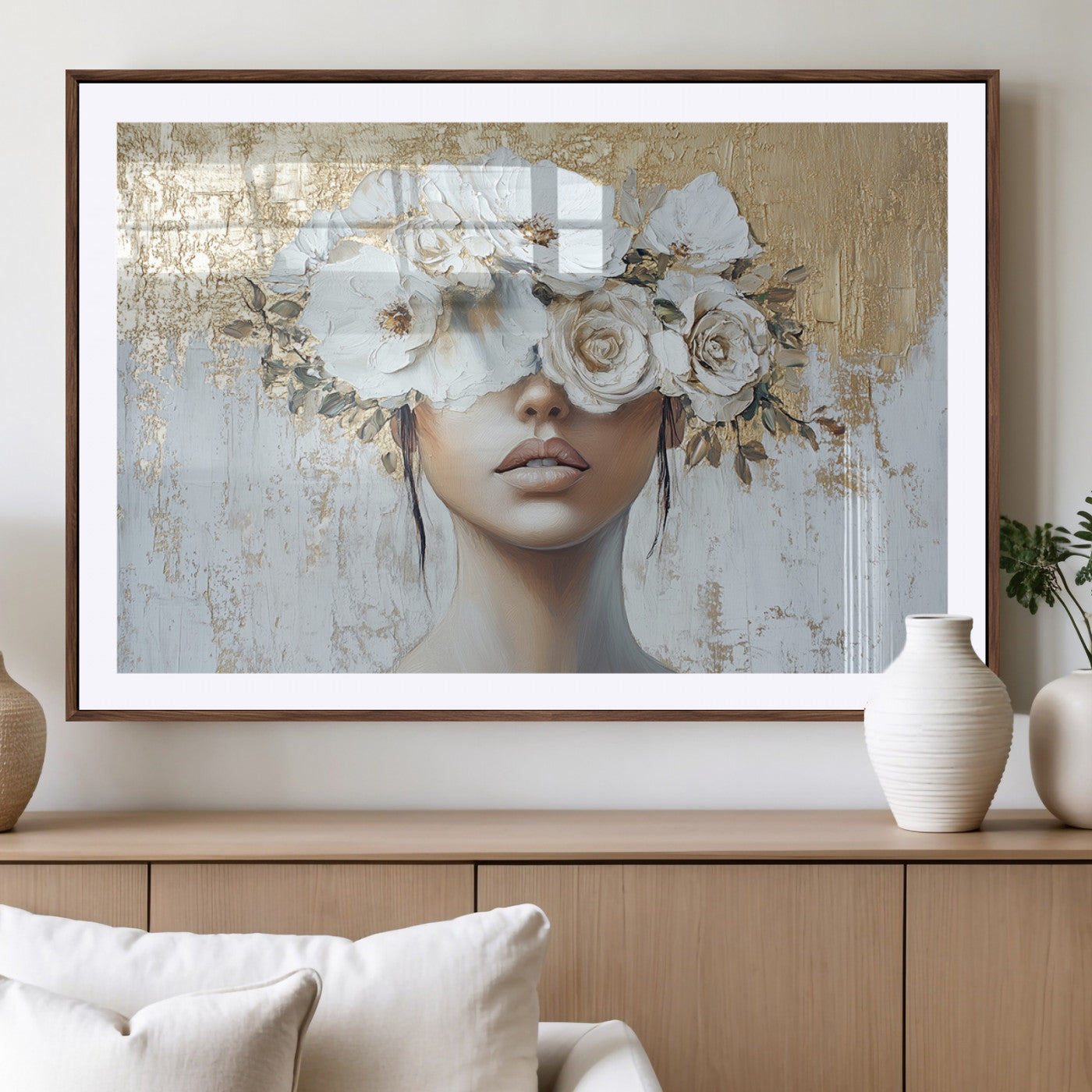 MGC-FP-36x24 - Golden Petal Wall Art - Canvas Print Flower Head Woman Painting Floral Woman Portrait Wall Decor,