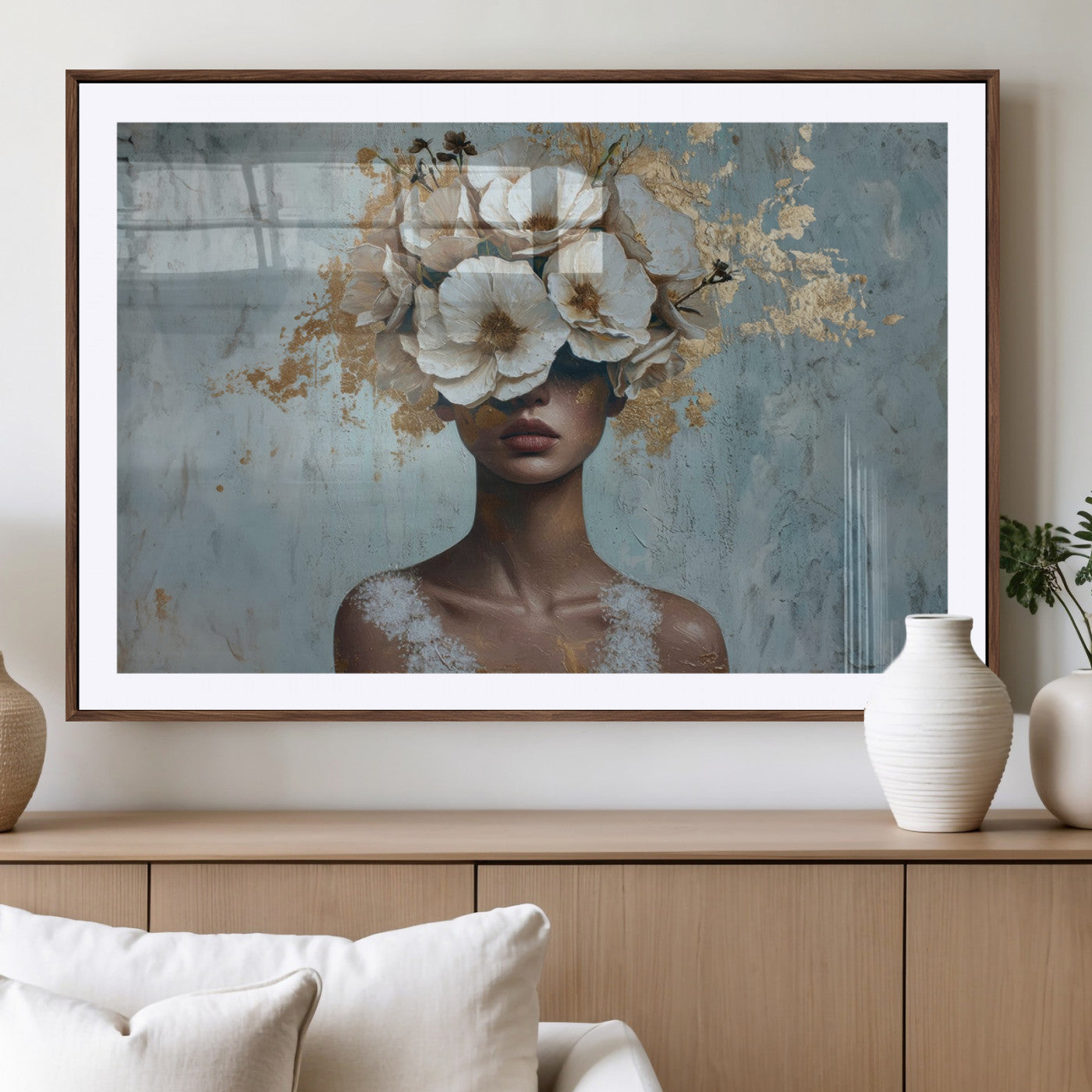 MGC-FP-36x24 - Golden Petal Wall Art - Petal Silhouette Woman Wall Art Canvas Print | Large 3-Panel Canvas with