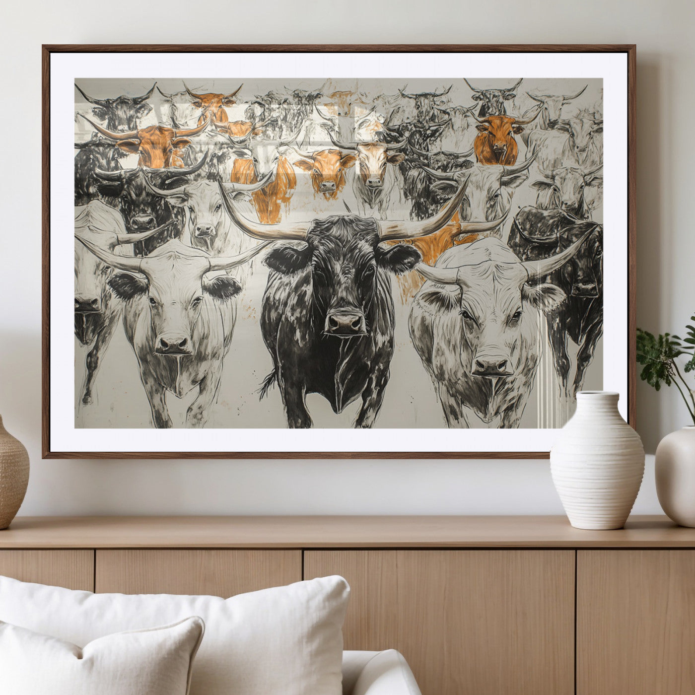MGC-FP-36x24 - Texas Longhorn Wall Art - Herd Canvas Wall Art Print - Abstract Cow Drawing Wall Art Print for