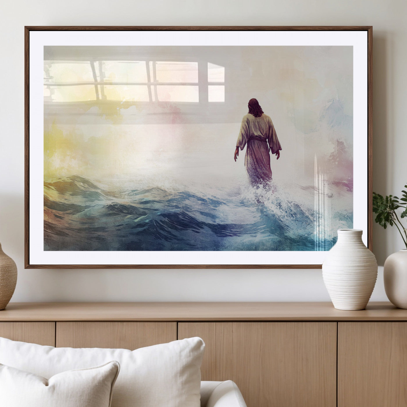 MGC-FP-36x24 - Watercolor Jesus Walking on Water Canvas Print, Christian Wall Art, Jesus Christ Walking