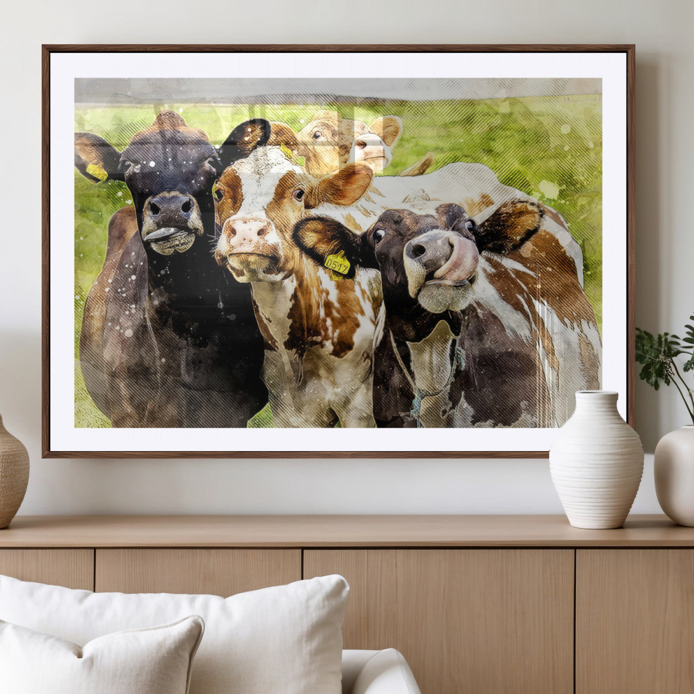 MGC-FP-36x24 - Curious Cows Farmhouse Wall Art | Ready to Hang and Framed Canvas Print | Rustic Farm Decor