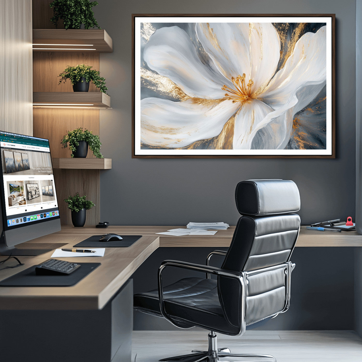 83149-MGV-CV-36X24-White and Gold Floral Canvas Wall Art - Framed and Ready to Hang - Perfect for Modern Living Rooms