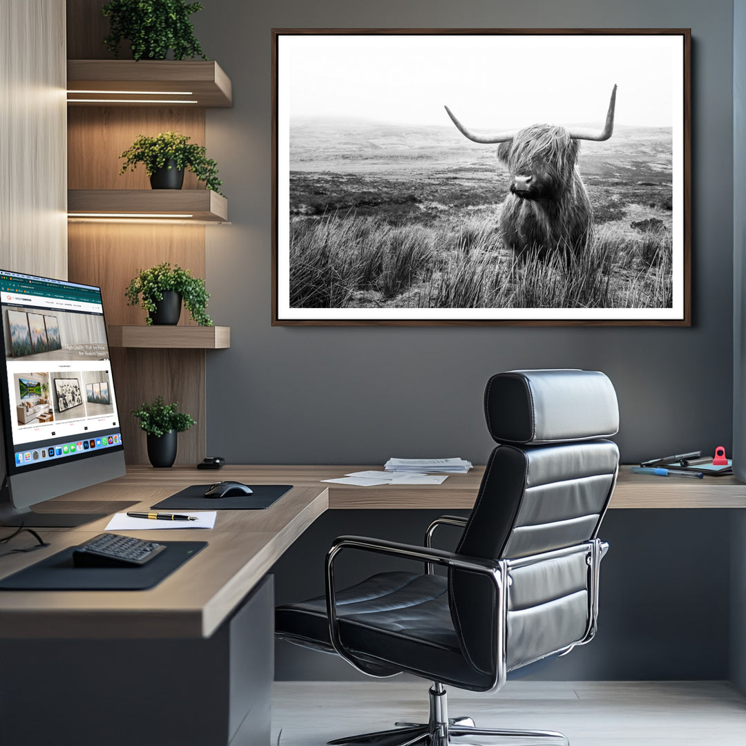 Scottish Highland Cow Wall Art | Black and White Canvas Print | Ready to Hang and Framed | Rustic Farmhouse Wall Decor for Living Room or
