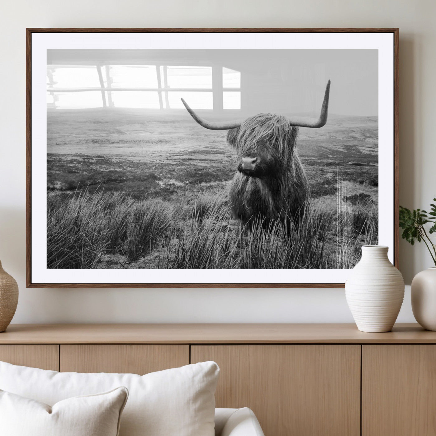 MGC-FP-36x24 - Scottish Highland Cow Wall Art | Black and White Canvas Print | Ready to Hang and Framed | Rustic
