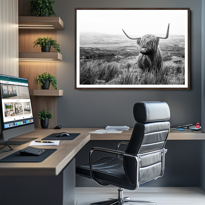 Scottish Highland Cow Wall Art | Black and White Canvas Print | Ready to Hang and Framed | Rustic Farmhouse Wall Decor for Living Room or