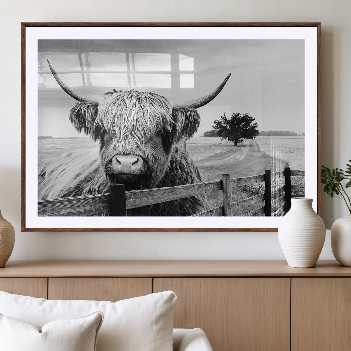 MGC-FP-36x24 - Scottish Highland Cow Wall Art | Rustic Farmhouse Décor | Black and White Ready to Hang Canvas Print