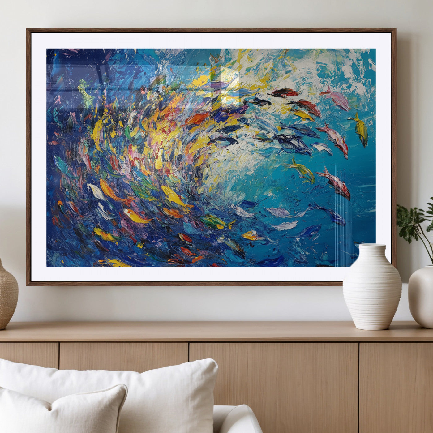 MGC-FP-36x24 - Colorful Swirling Fish School Wall Art Canvas Print | Oceanic Abstract Painting | Ready to Hang |