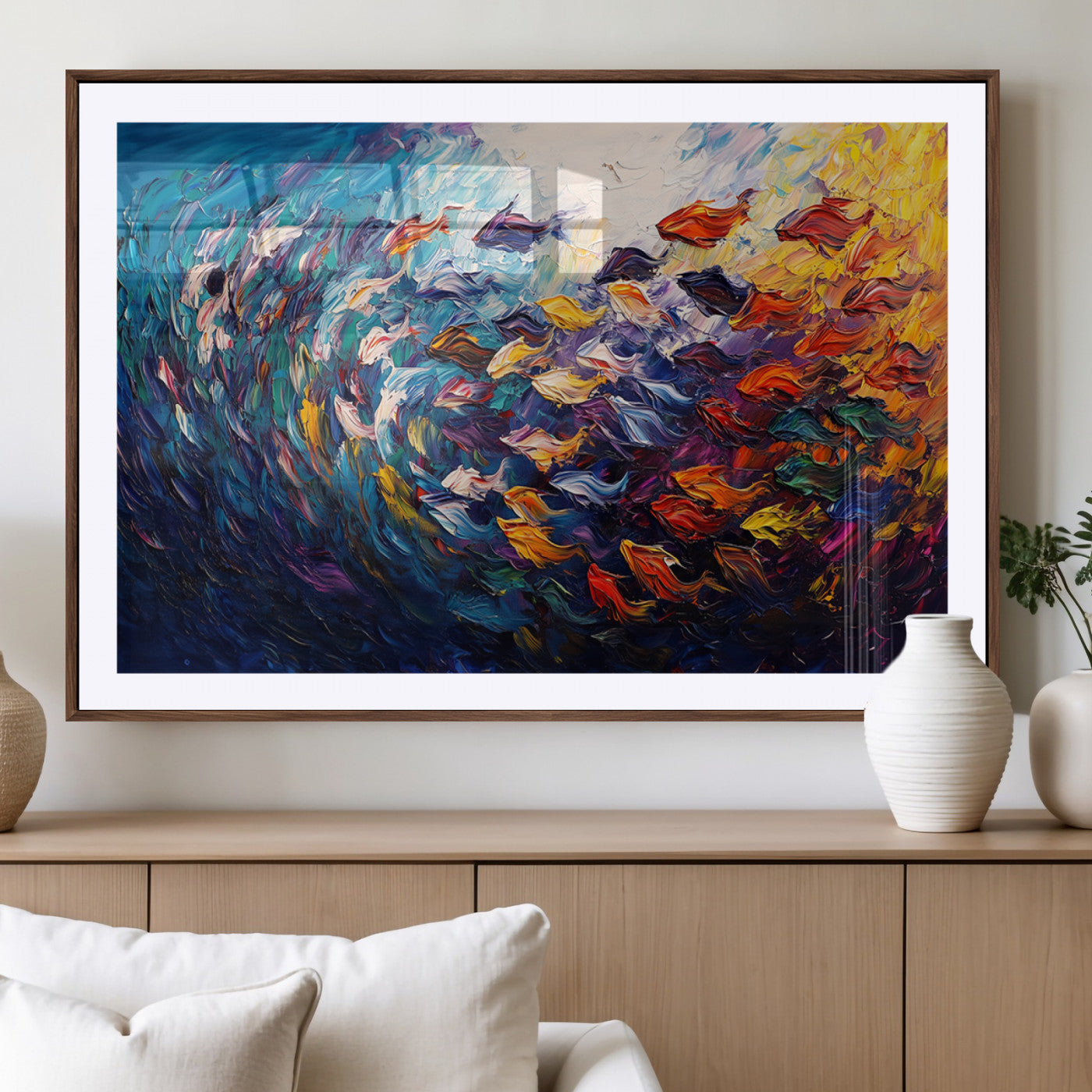 MGC-FP-36x24 - Vibrant Abstract Fish Swarm Art – Colorful Fish Inspired 3-Piece Canvas Wall Art for Living Room or