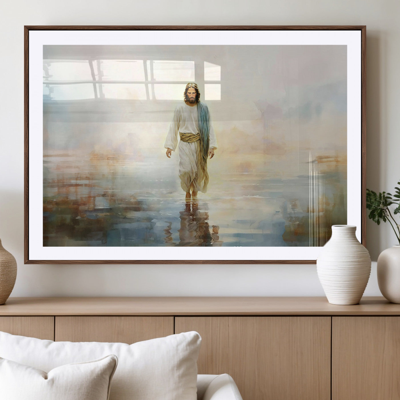 MGC-FP-36x24 - Framed Jesus Walking on Water Wall Art - 3-Panel Christian Canvas Prints, Religious Artwork for