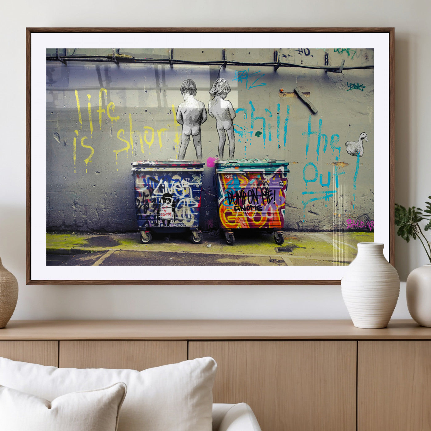 MGC-FP-36x24 - Banksy Life is Short Wall Art - Iconic Graffiti Art on Framed Ready-to-Hang Canvas - Street Art