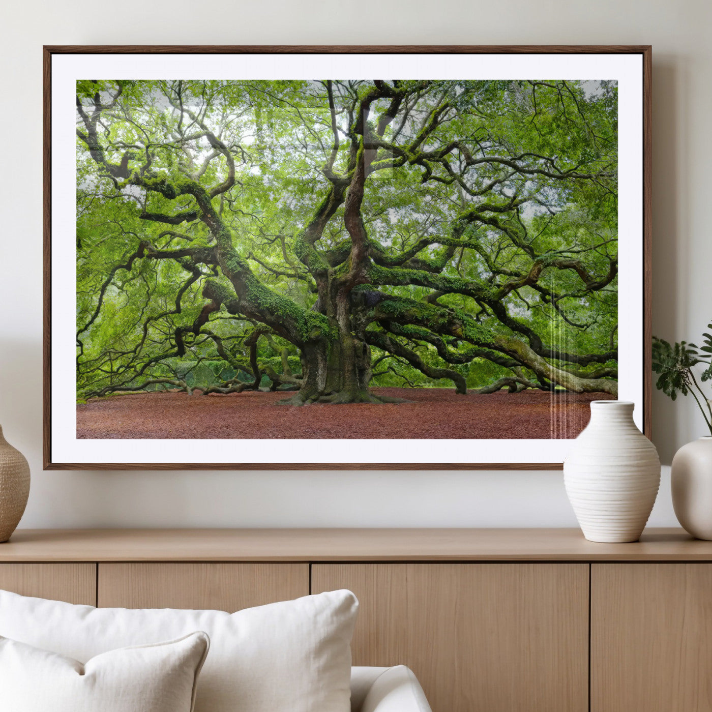 MGC-FP-36x24 - Framed Angel Oak Tree Wall Art - 3-Panel Canvas Prints, Large Green Nature Artwork, Ready to Hang