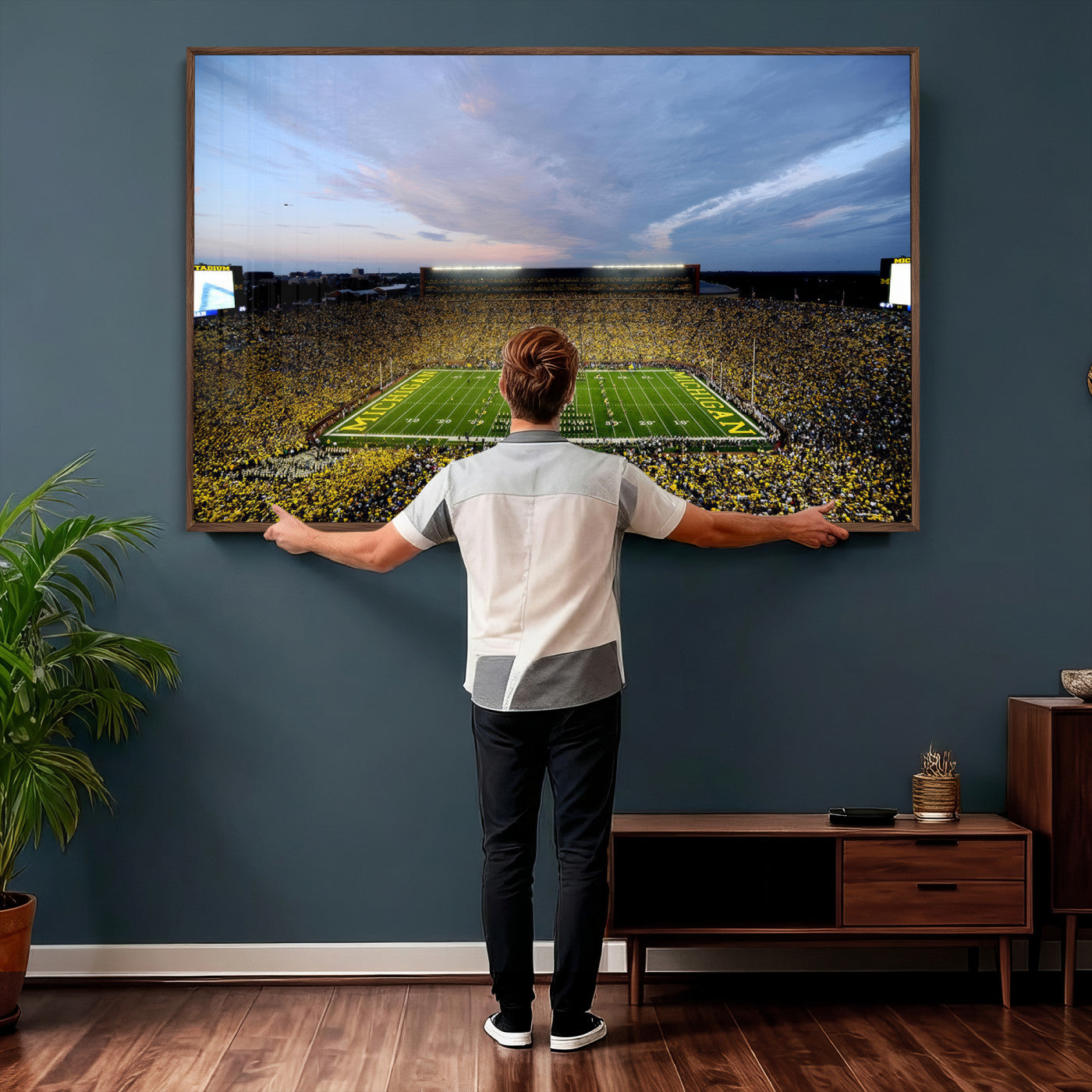 82641-MGV-CV-36X24 - Michigan Stadium Wall Art Canvas Print, Vibrant Game Day Crowd and Sunset Sky Football Field Artwork for Home, Office