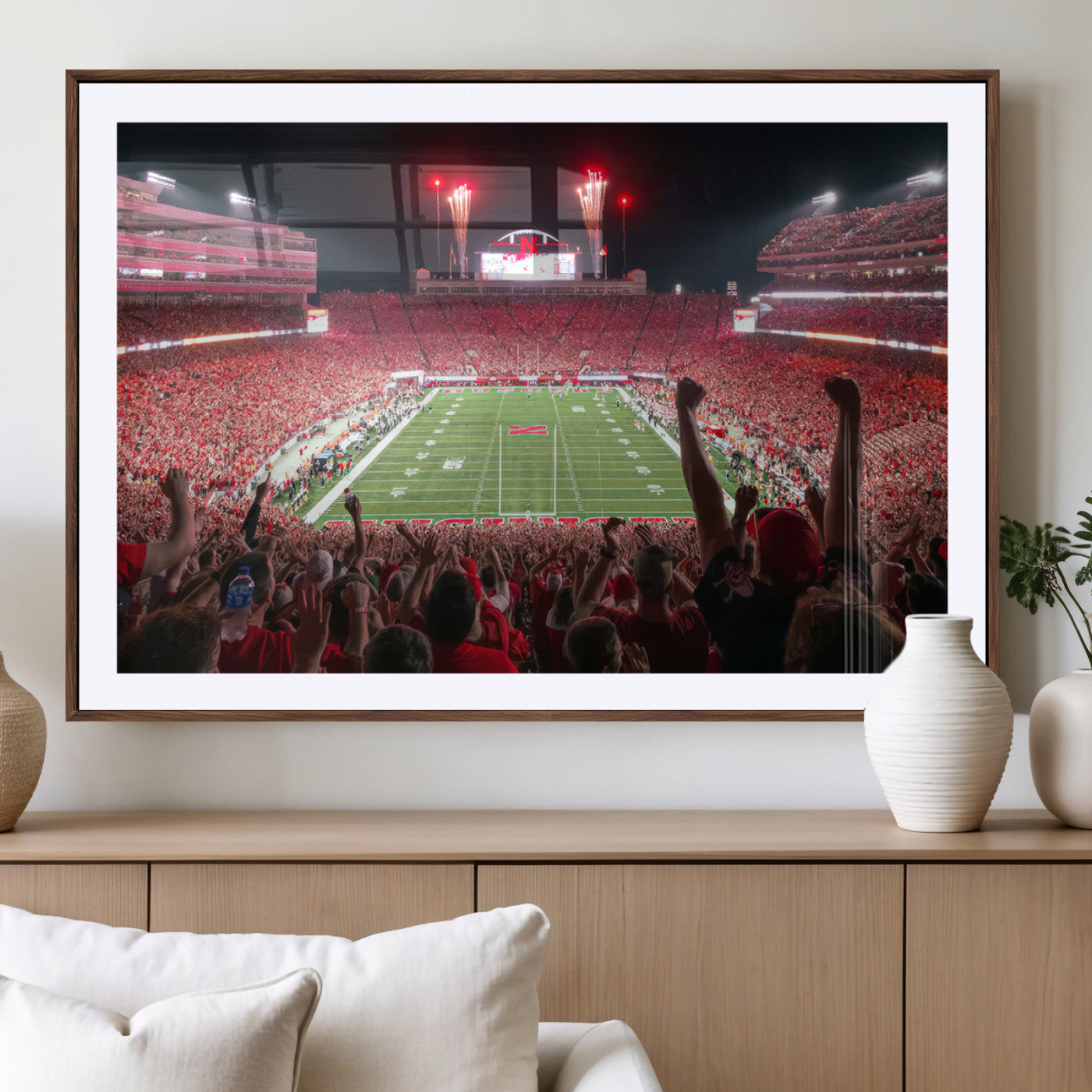 MGC-FP-36x24 - University of Nebraska Cornhuskers Football Team Print - Lincoln Memorial Stadium Wall Art Canvas