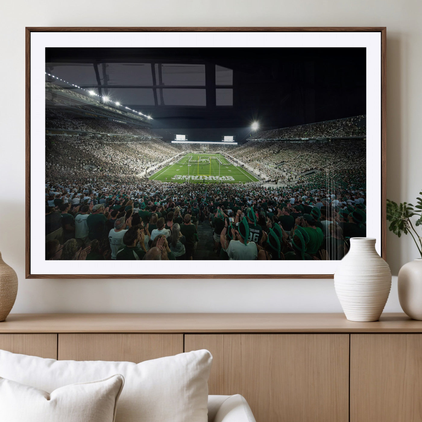 MGC-FP-36x24 - Framed Michigan State Spartans Football Team Print - East Lansing Spartan Stadium Wall Art Canvas