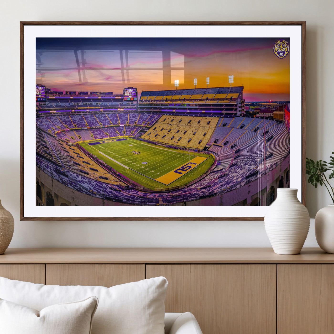 93538-MGC-FP-36x24_Walnut-The Louisiana State University Tigers Football Team Print - Baton Rouge Tiger Stadium Wall Art