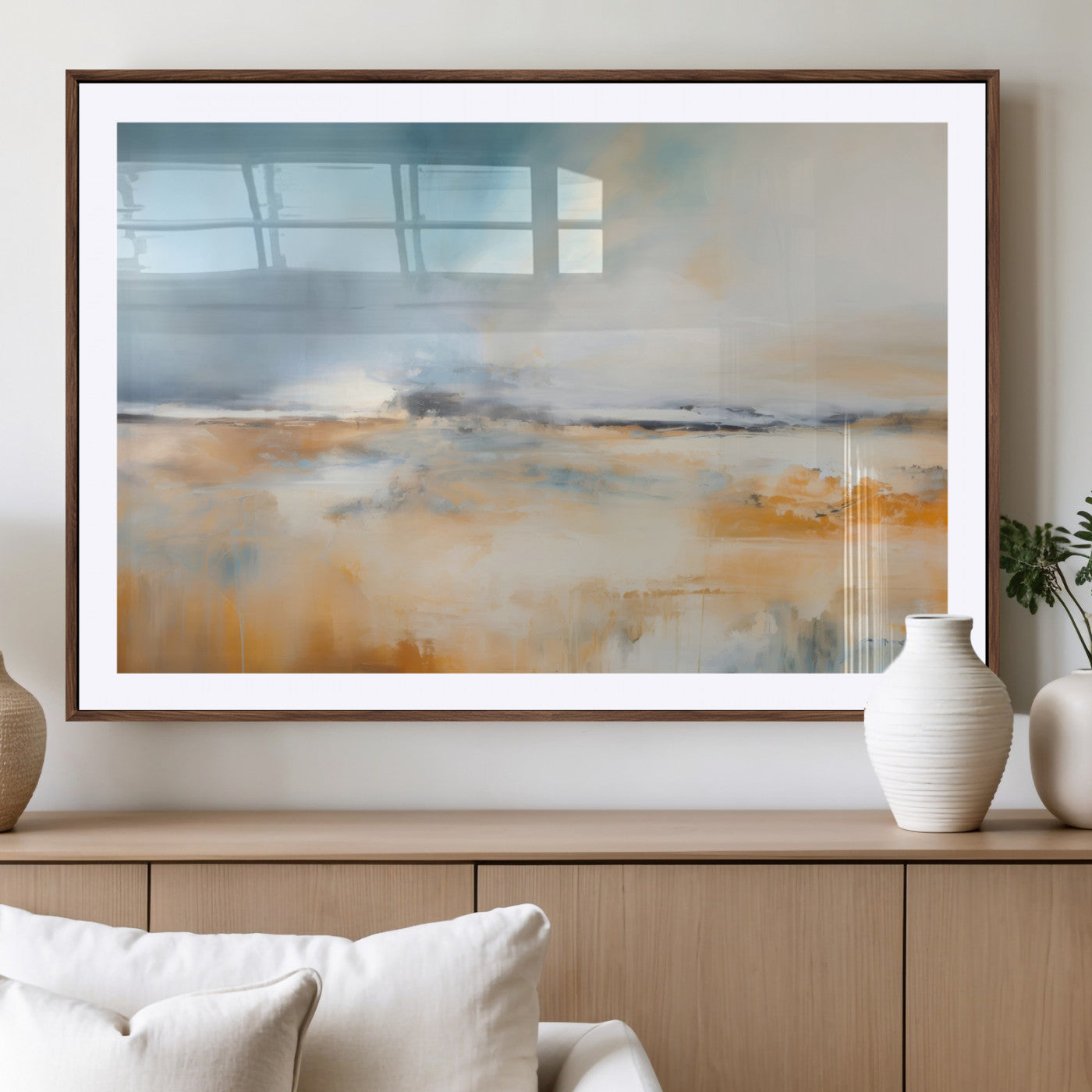 -Abstract Landscape Wall Art Canvas Print - Warm Tones of Orange and Blue, Modern Framed Art for Home
