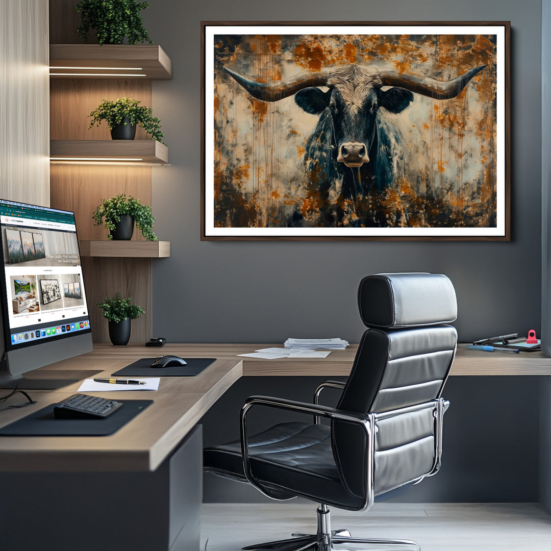 Abstract Longhorn Bull Wall Art | Rustic Western Wall Decor | Framed and Ready to Hang | Ideal for Farmhouse, Lodge, and Barn Decor