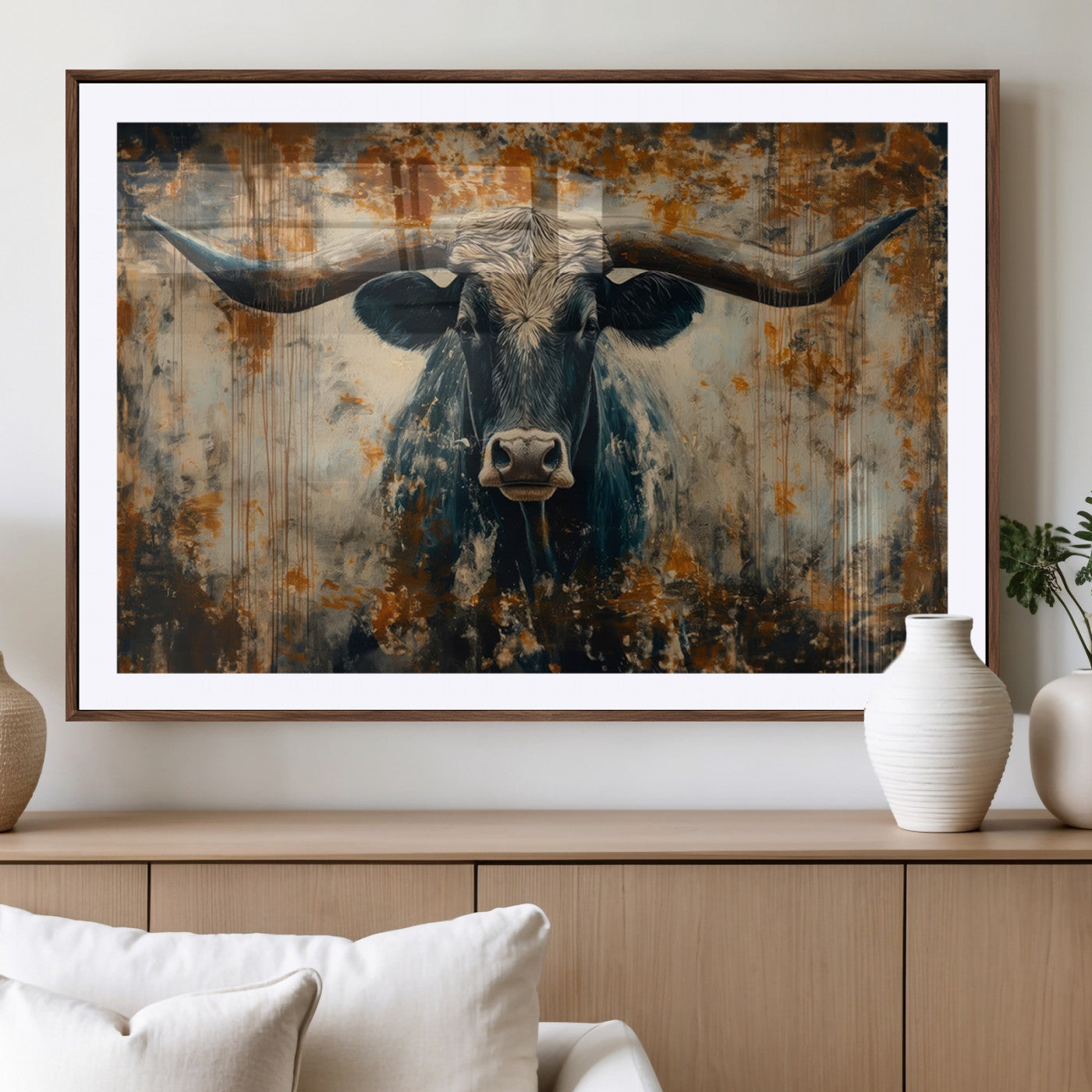 MGC-FP-36x24 - Abstract Longhorn Bull Wall Art | Rustic Western Wall Decor | Framed and Ready to Hang | Ideal for