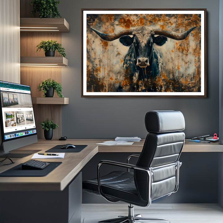 Abstract Longhorn Bull Wall Art | Rustic Western Wall Decor | Framed and Ready to Hang | Ideal for Farmhouse, Lodge, and Barn Decor