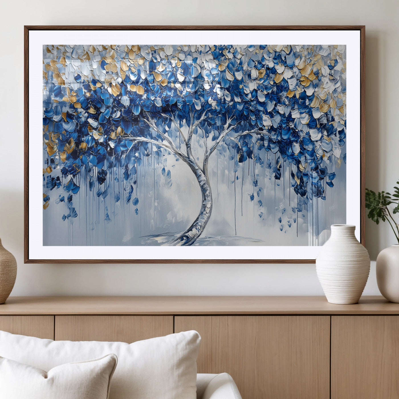 MGC-FP-36x24 - Blue and Gold Abstract Tree Wall Art Canvas Print | Modern Tree of Life Painting | Framed Canvas