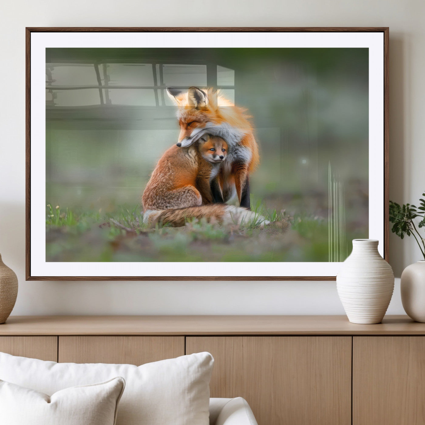 MGC-FP-36x24 - Heartwarming Fox and Baby Cub Wall Art | Ready to Hang Canvas Print of Foxes in Nature | Perfect for