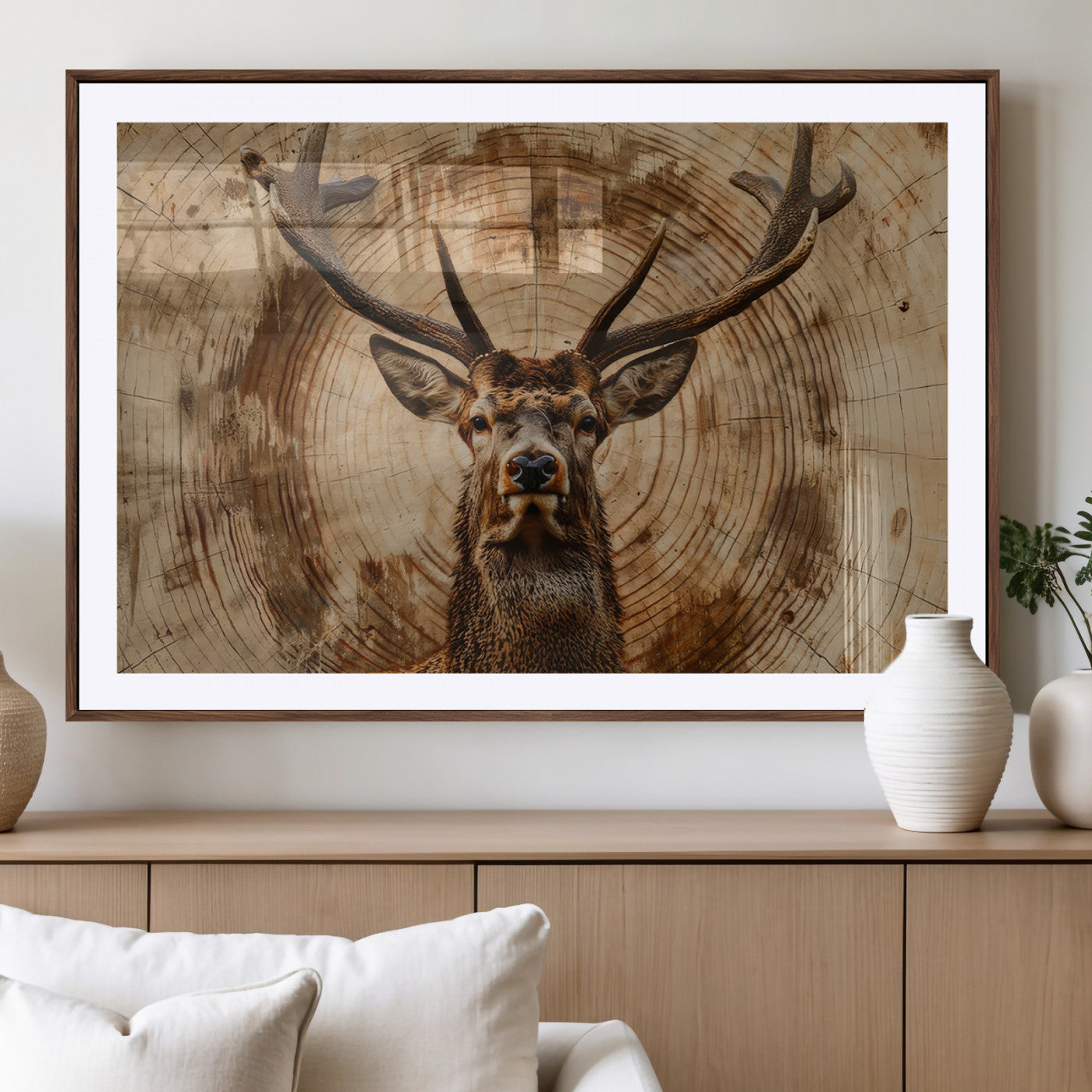MGC-FP-36x24 - Wood Abstract Deer Wall Art | Rustic Wildlife Canvas Print | Ready to Hang Stag Head Triptych for
