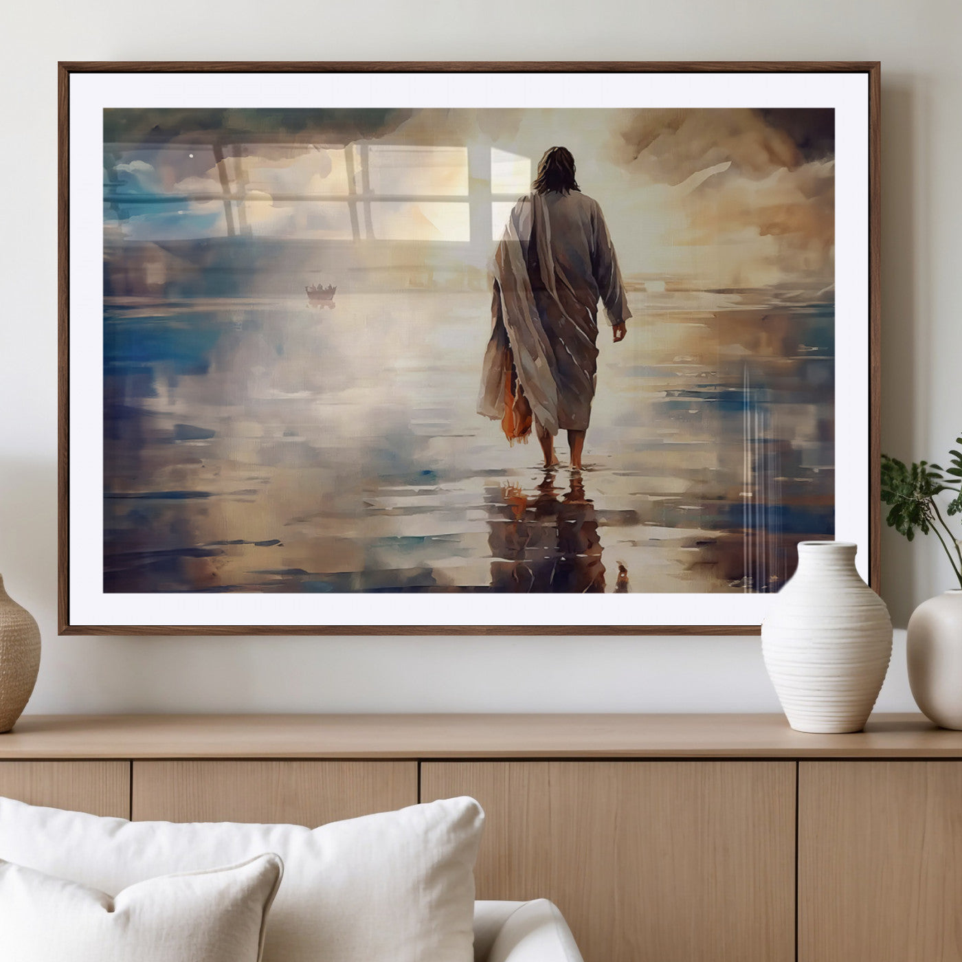 MGC-FP-36x24 - Jesus Walking on Water Wall Art | Ready to Hang Spiritual Triptych Canvas Print | Inspirational