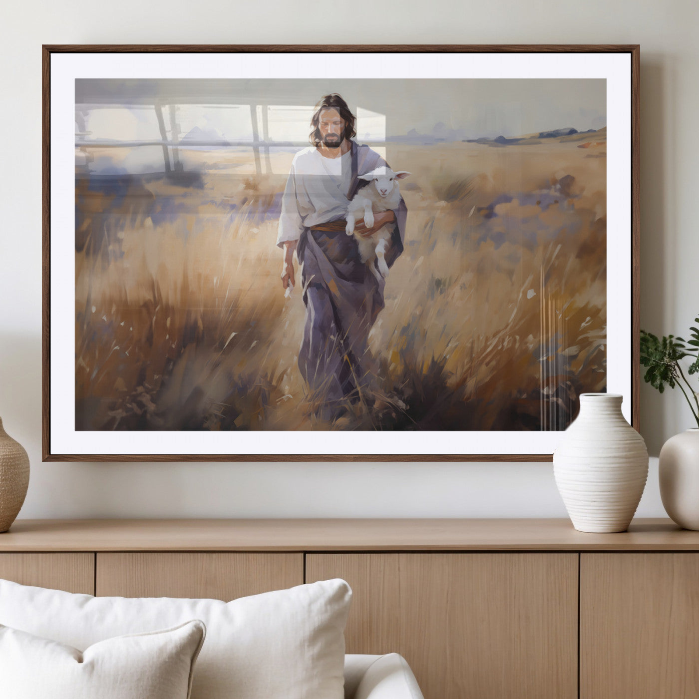 MGC-FP-36x24 - Jesus the Good Shepherd Wall Art Canvas Print - Lost Lamb Print for Prayer Room Decor