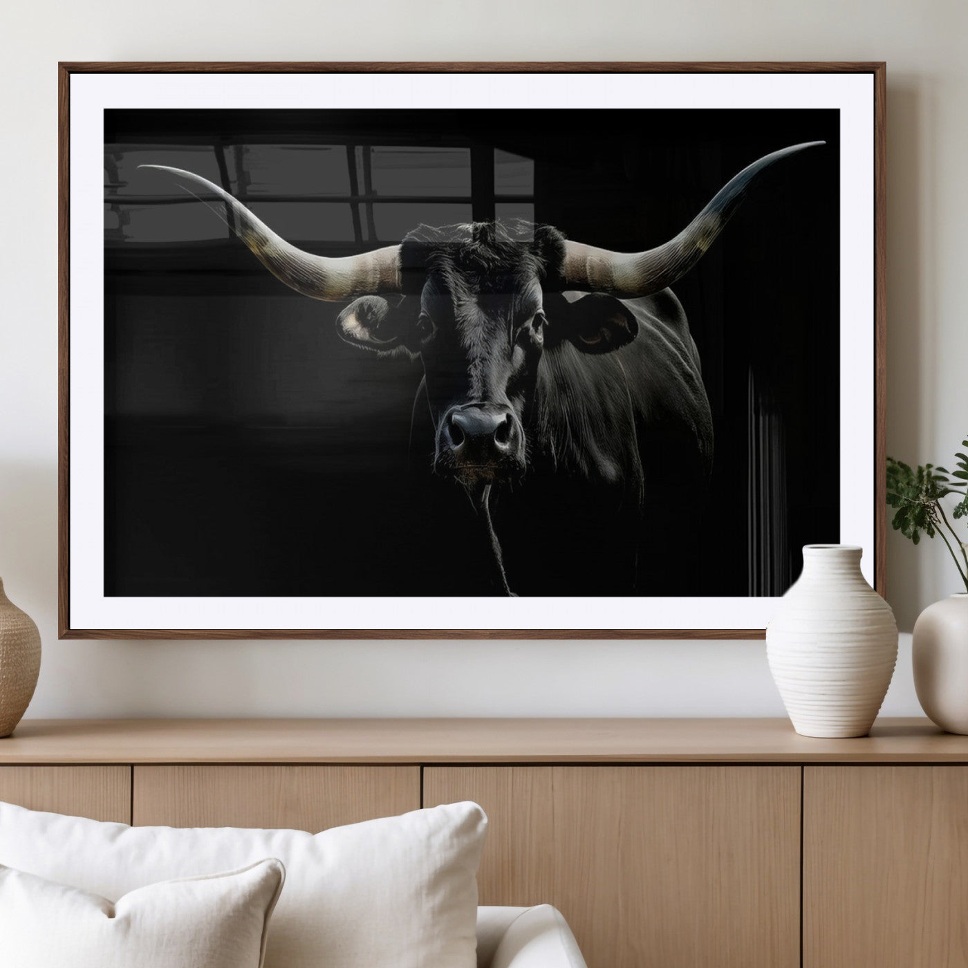 MGC-FP-36x24 - Texas Black Longhorn Bull Wall Art Canvas Print - Western Texas Cattle Rustic Decor Print - Longhorn