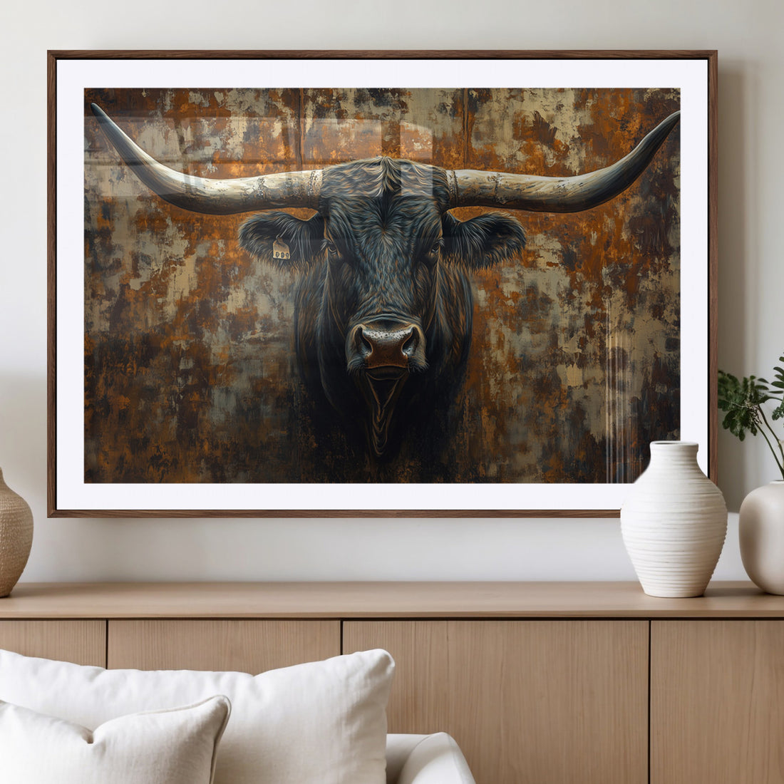 Longhorn Texas Cow Bull Wall Art | Rustic Farmhouse Canvas Print